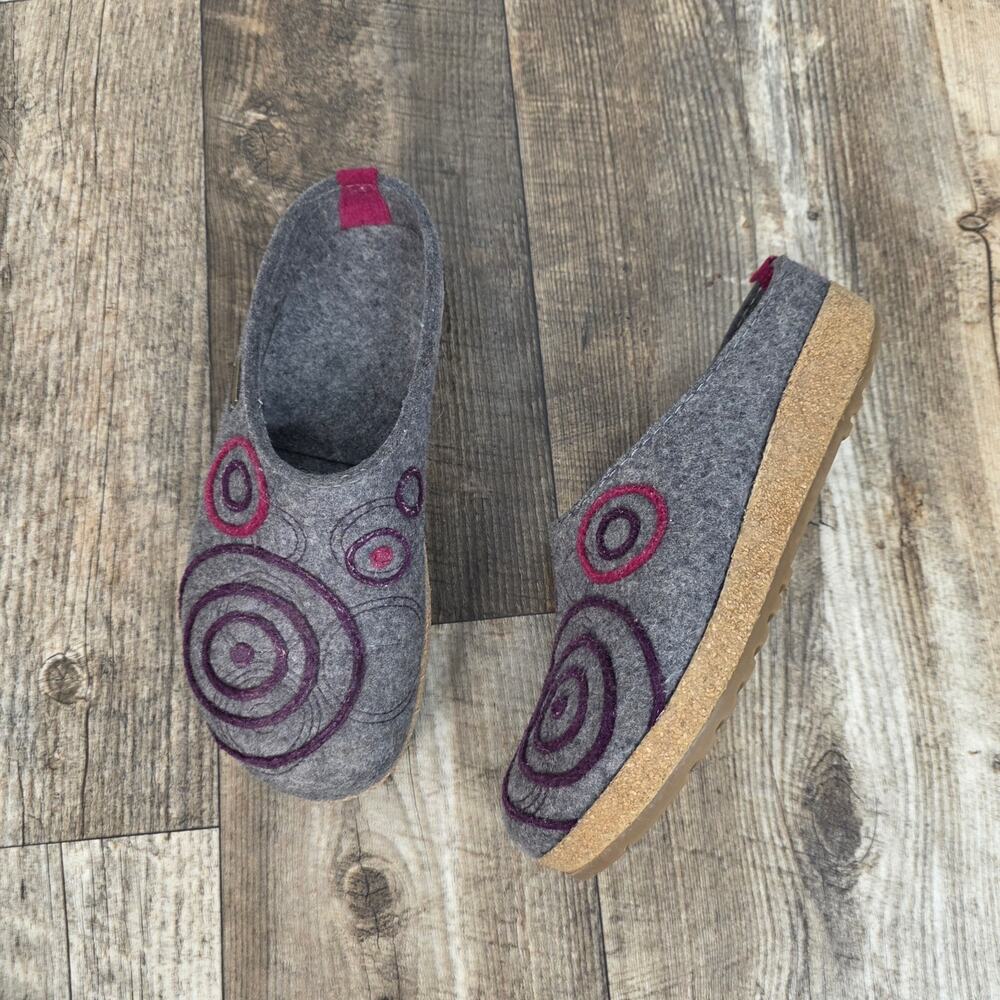 Haflinger Grizzly Spirit Wool Felt Clogs Gray Purple Circles EU 42 US 11